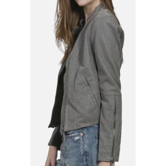 Free People Gray Faux Vegan Leather Zip Up Moto Jacket Women Sz 10 - Picture 15 of 16